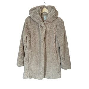 Gap EUC Teddy Sherpa Hooded Long Coat Beige Sz S